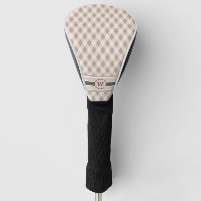 Modern Pink and Green Argyle Monogrammed Golf Head Cover (Front)
