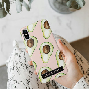 Modern  Pink And Green Avocado Pattern With Name Case-Mate iPhone Case