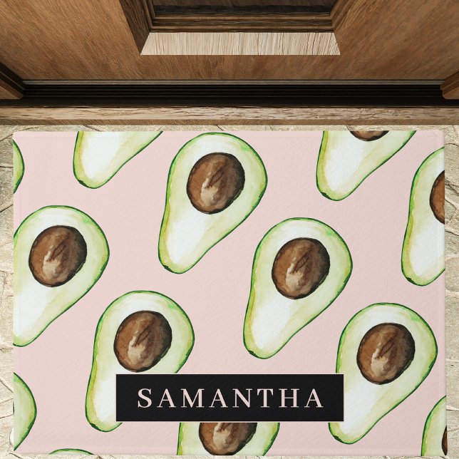 Modern  Pink And Green Avocado Pattern With Name Doormat (Creator Uploaded)