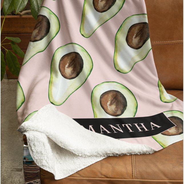 Modern  Pink And Green Avocado Pattern With Name Fleece Blanket (Creator Uploaded)