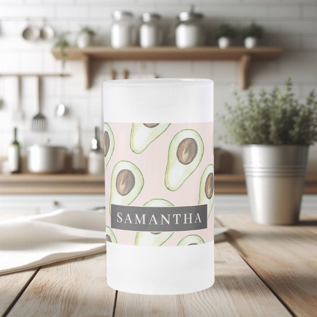 Modern  Pink And Green Avocado Pattern With Name Frosted Glass Beer Mug (Creator Uploaded)