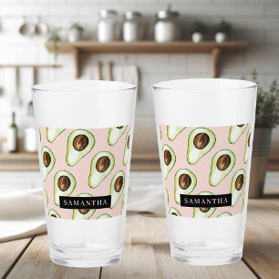 Modern  Pink And Green Avocado Pattern With Name Glass