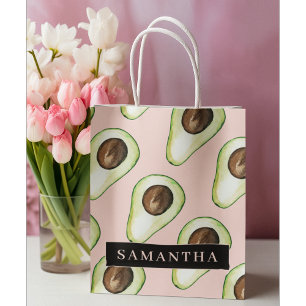 Modern Pink And Green Avocado Pattern With Name Large Gift Bag