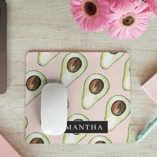 Modern  Pink And Green Avocado Pattern With Name Mouse Mat