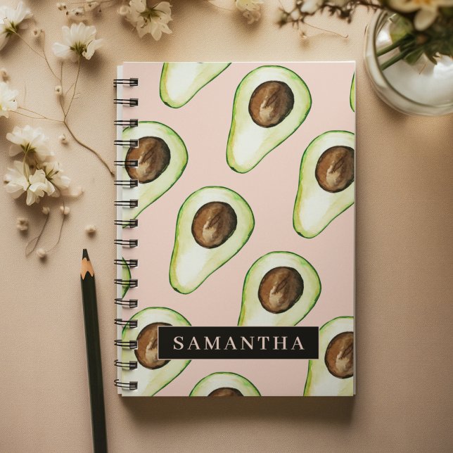 Modern  Pink And Green Avocado Pattern With Name Notebook (Creator Uploaded)