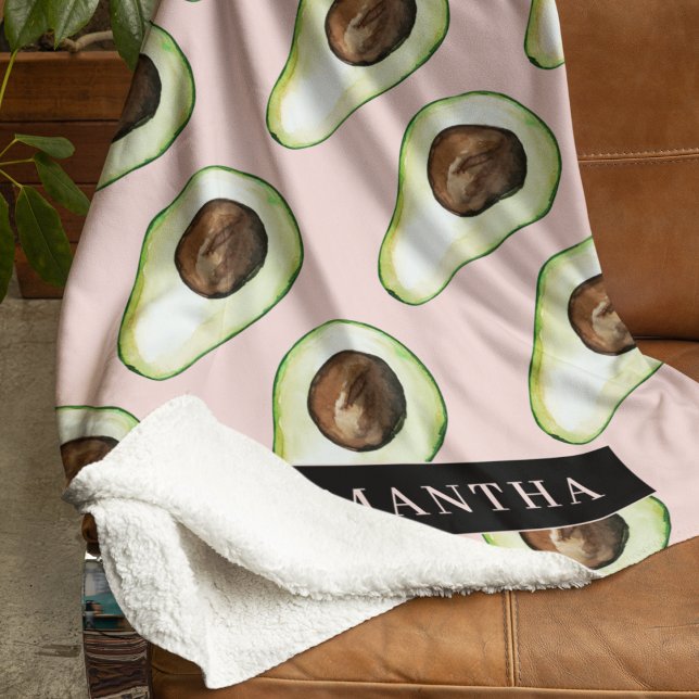 Modern  Pink And Green Avocado Pattern With Name Sherpa Blanket (Creator Uploaded)