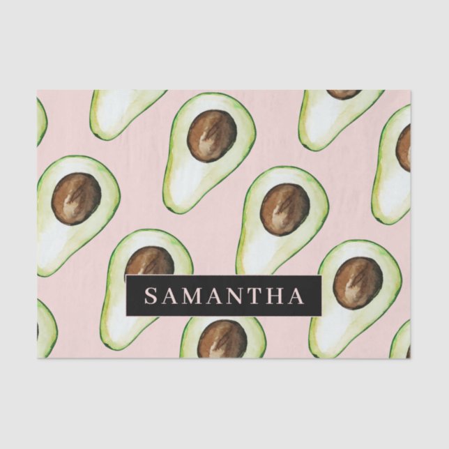 Modern  Pink And Green Avocado Pattern With Name Tissue Paper (Front)