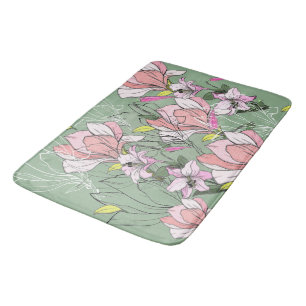 Modern Pink And Green Botanical Pattern Bath Mat