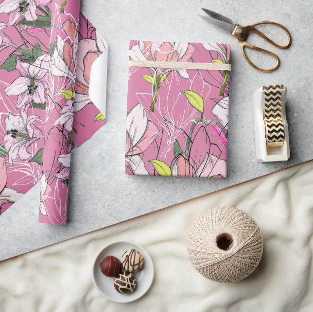 Modern Pink And Green Botanical Pattern Wrapping P Paper (Crafts)