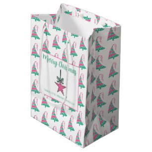 Modern Pink and Green Christmas Tree Star Medium Gift Bag