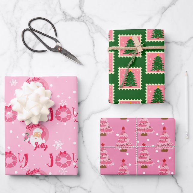 Modern Pink and Green Christmas Wrapping Paper (Front)