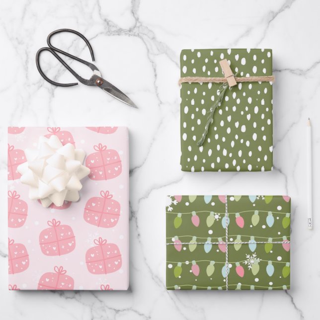 Modern Pink and Green Christmas Wrapping Paper (Front)