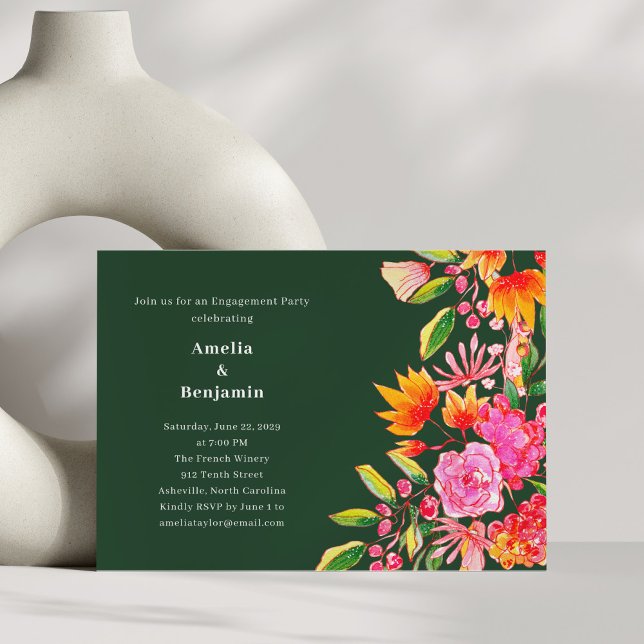 Modern Pink and Green Flowers Engagement Party Invitation (Creator Uploaded)