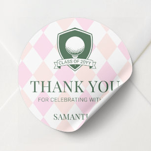 Modern Pink and Green Golf Graduation Thank You Classic Round Sticker