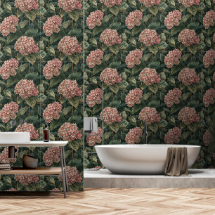 Modern Pink and Green Hydrangea Peel and Stick Wallpaper