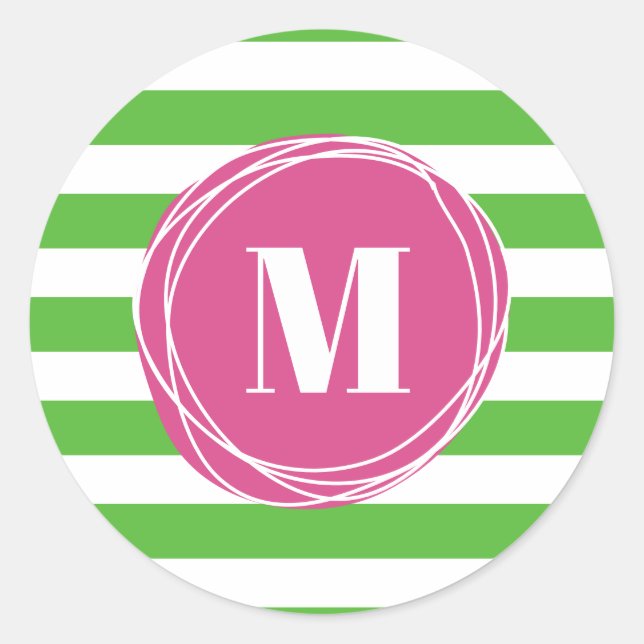 Modern Pink And Green Stripes Monogram Classic Round Sticker (Front)