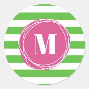 Modern Pink And Green Stripes Monogram Classic Round Sticker