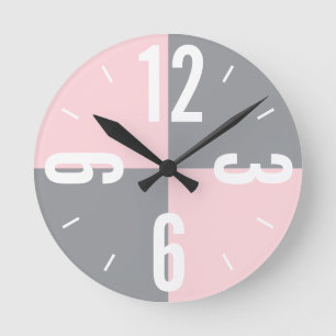 Modern pink and grey colour blocks large numbers round clock