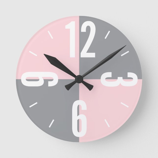 Modern pink and grey colour blocks large numbers round clock (Front)