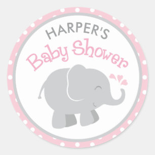 Modern Pink and Grey Elephant Girl Baby Shower Classic Round Sticker