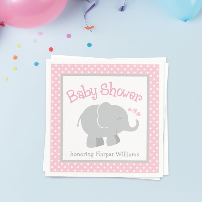 Modern Pink and Grey Elephant Girl Baby Shower Napkin (Creator Uploaded)