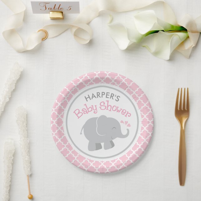Modern Pink and Grey Elephant Girl Baby Shower Paper Plate (Wedding)