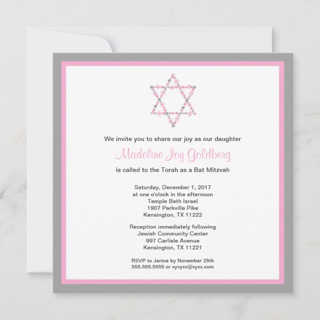 Modern Pink and Grey Floral Bat Mitzvah Invite (Front)