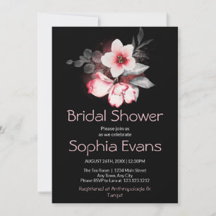 Modern Pink and Grey Floral Black Bridal Shower Invitation