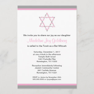 Modern Pink and Grey Floral Star Bat Mitzvah Invitation