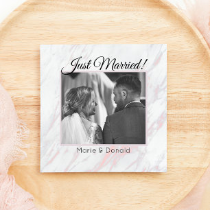 Modern Pink and Grey Marble Just Married Holiday Card