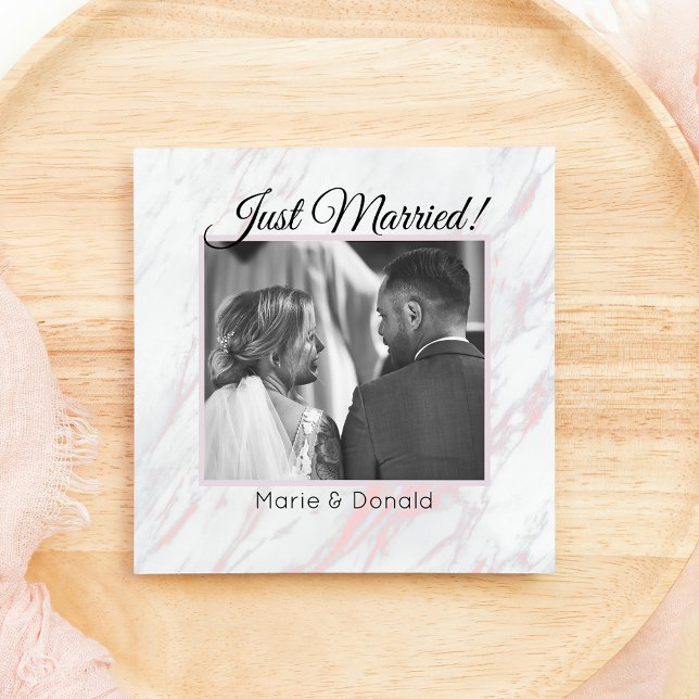Modern Pink and Grey Marble Just Married Holiday Card (Creator Uploaded)