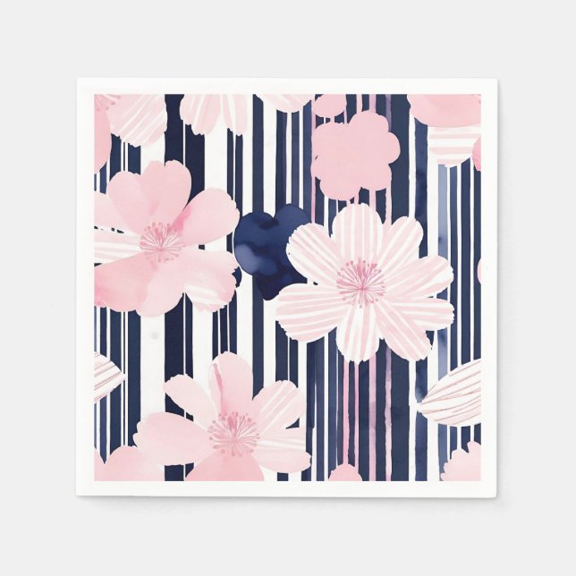 Modern Pink and Navy Floral Stripes Napkin (Front)