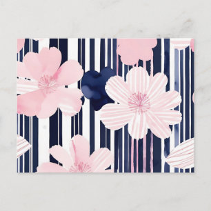 Modern Pink and Navy Floral Stripes Postcard