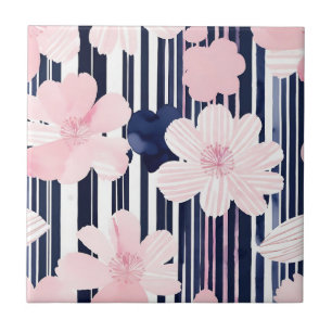 Modern Pink and Navy Floral Stripes Tile
