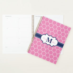 Modern Pink and Navy Monogram Geometric Pattern Planner