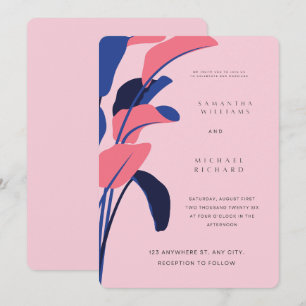 Modern Pink and Navy Tropical Leaf Wedding Invitat Invitation