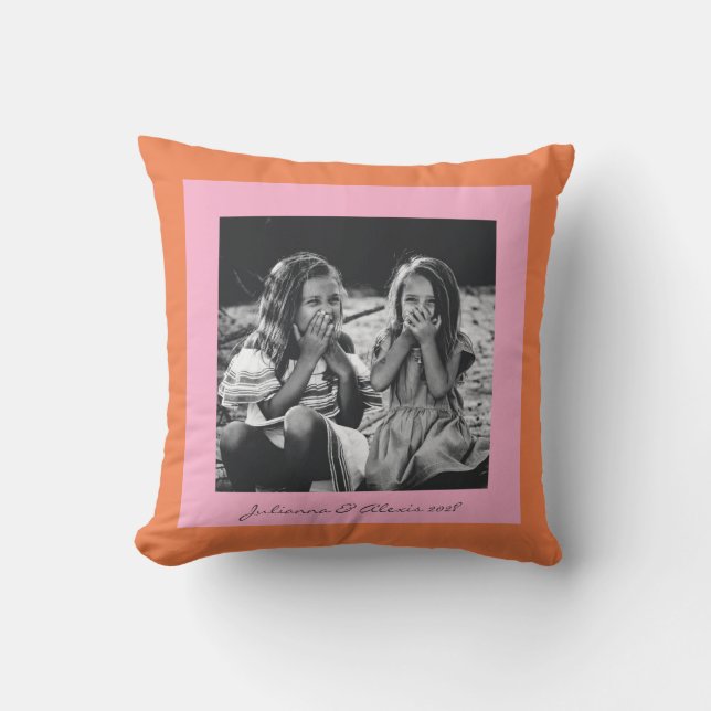 Modern Pink and Orange Family Custom Photo Cushion (Front)