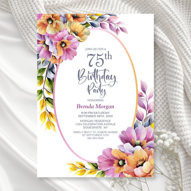 Modern Pink and Orange Floral 75th Birthday Party Invitation (Creator Uploaded)