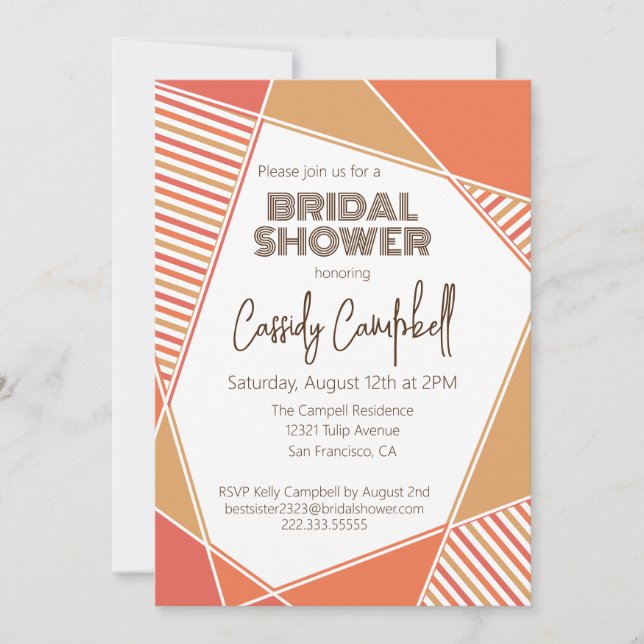 Modern pink and orange geometric, bridal shower invitation (Front)