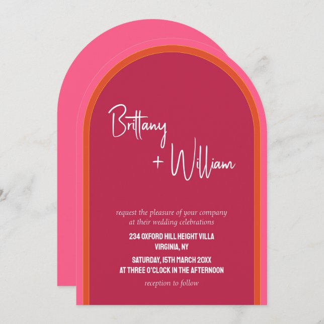 Modern Pink and Orange Summer Wedding Arched Invitation (Front/Back)