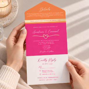 Modern Pink and Orange Wedding All In One Invitation