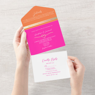 Modern Pink and Orange Wedding All In One Invitation