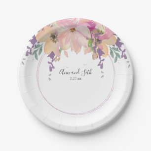 Modern Pink and Purple Bouquet Floral Wedding Paper Plate