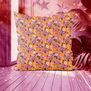 Modern Pink and Purple Floral on Orange Cushion