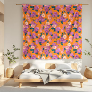 Modern Pink and Purple Floral on Orange  Fleece Blanket