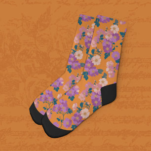 Modern Pink and Purple Floral on Orange  Socks