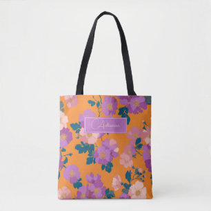 Modern Pink and Purple Floral on Orange Tote Bag