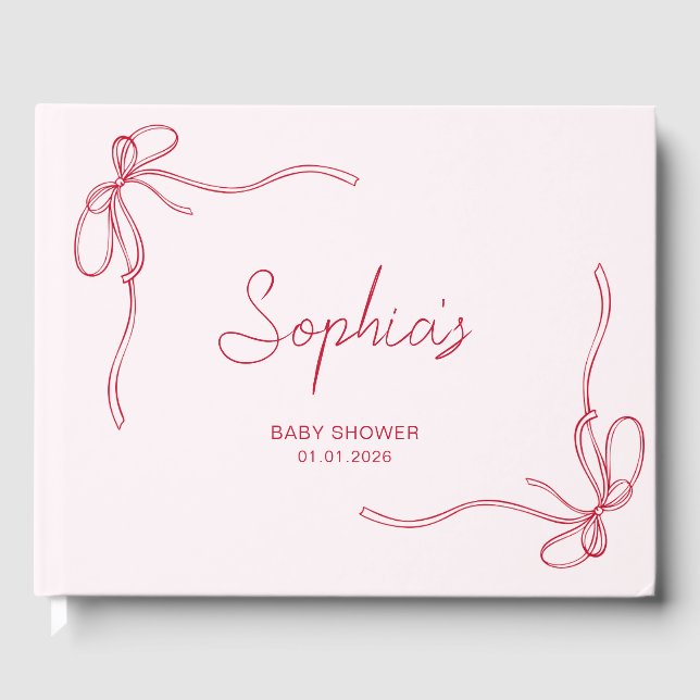 Modern Pink and Red Bow Girl Baby Shower Guest Book (Front)
