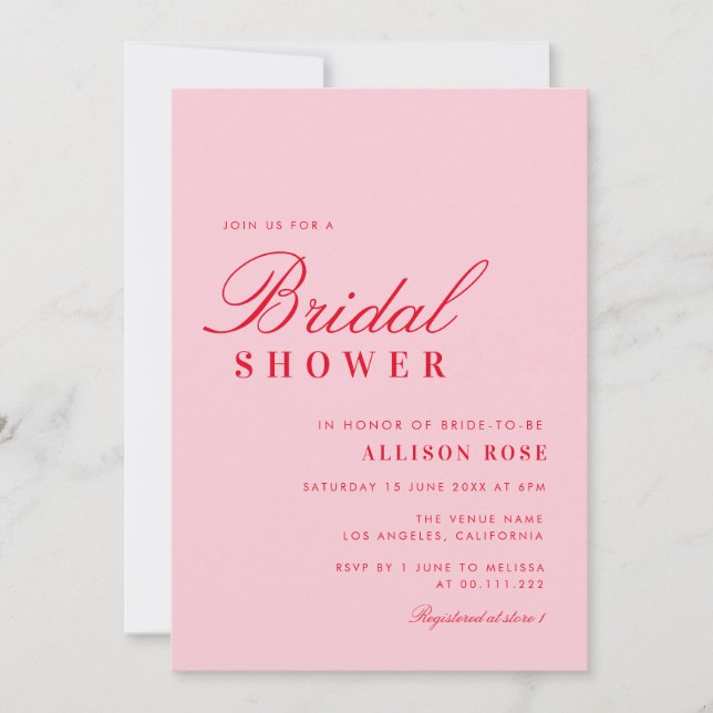 modern pink and red bridal shower invitation (Front)