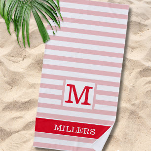 Modern Pink And Red Cabana Stripe Monogrammed  Beach Towel